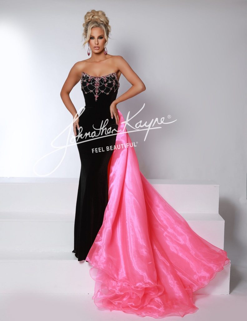 Chic strapless velvet gown with hot pink organza overskirt and rhinestone bead detailing, designed for 2025 pageant evening wear, red carpet events, and formal galas.